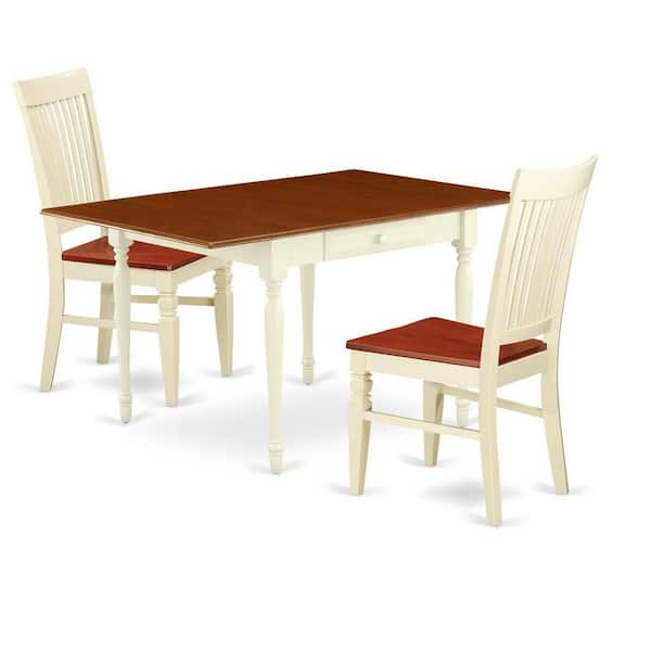 East West Furniture 3-Piece Buttermilk and Cherry Finish Solid Wood Top with Dropleaf Dining Table Set