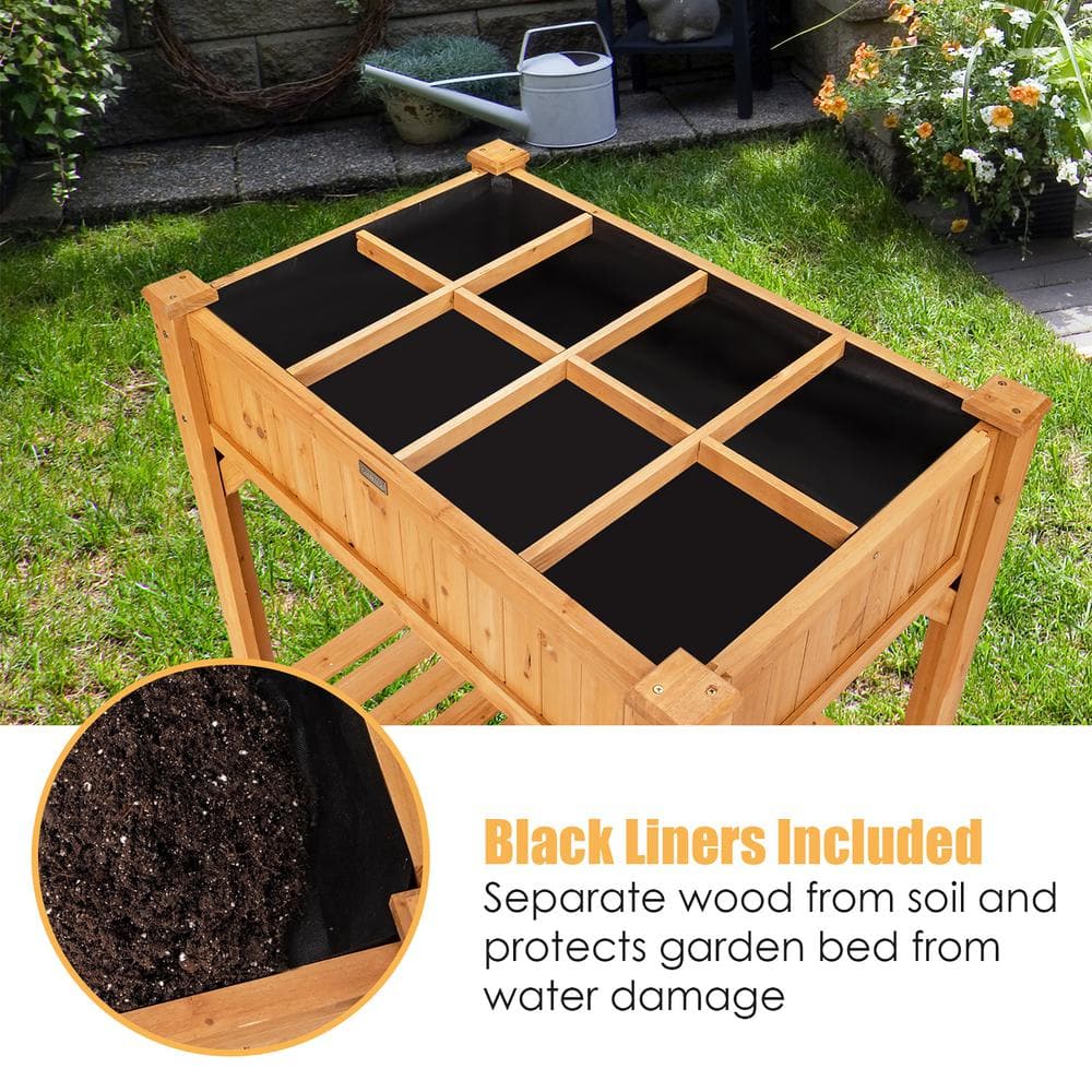 Natural Fir Wood Raised Garden Bed with Liner and Shelf