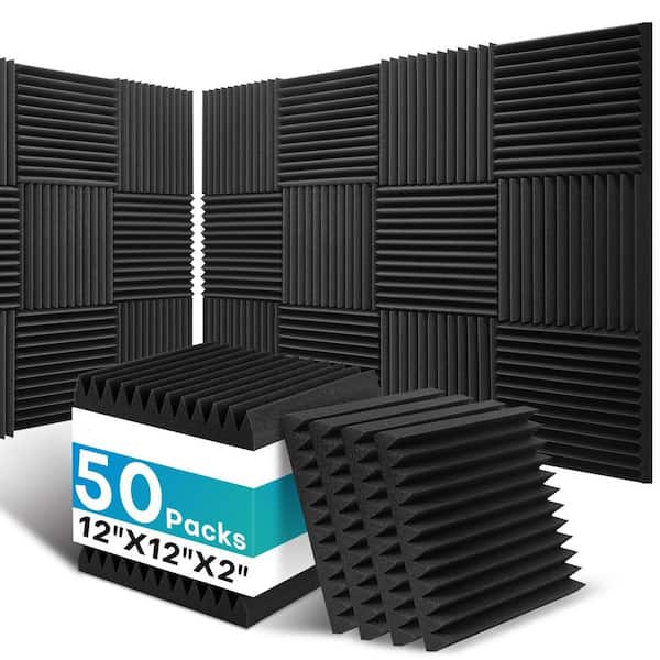 12 in. x 12 in. x 2 in. Black Foam Sound Absorbing Panel (50-Pack), High Density Acoustic Panels Sound Absorbing