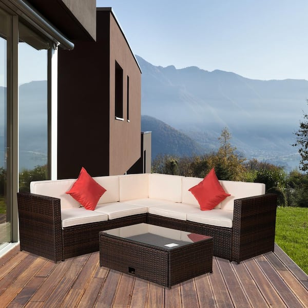 Wateday Brown 4-Piece Wicker Outdoor Sectional with Beige Cushions