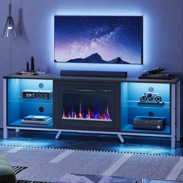 Bestier 70 in. Freestanding Fireplace TV Stand with Shelves Fits TVs up to 75 in. LED Entertainment Center in Black Carbon Fiber