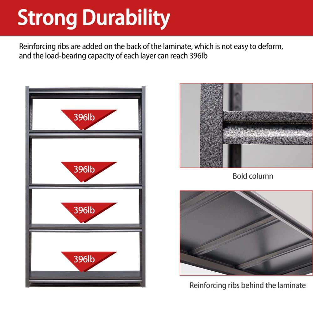 72" Black Heavy Duty Metal 5-Tier Adjustable Shelving Unit