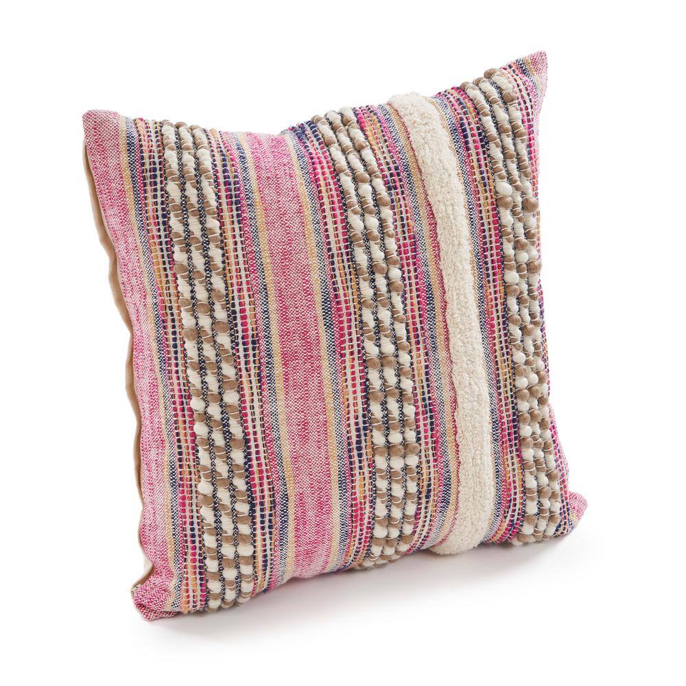 Pink Embroidered Cotton Bohemian Square Throw Pillow