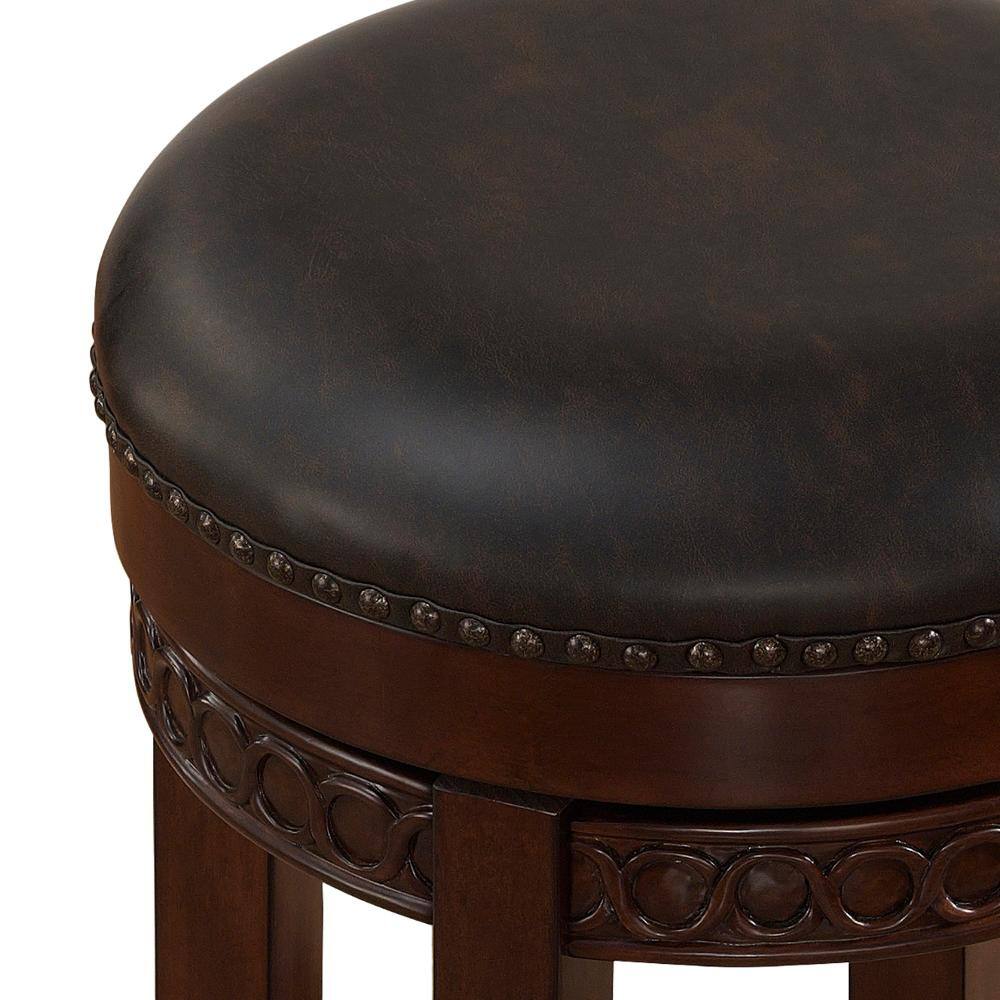 Cherry Finish Backless Swivel Counter Stool with Brown Leather Cushion