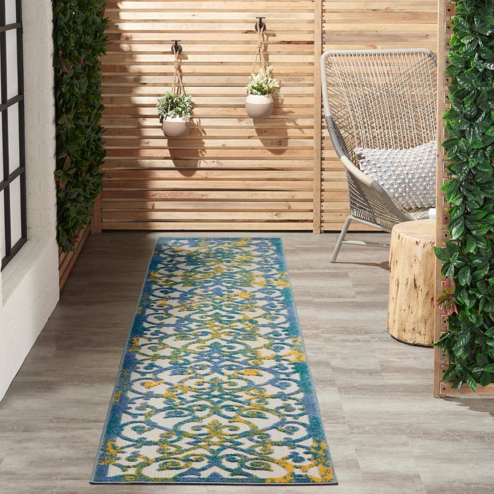 Ivory Blue Floral Synthetic Runner Rug 2'3" x 10'