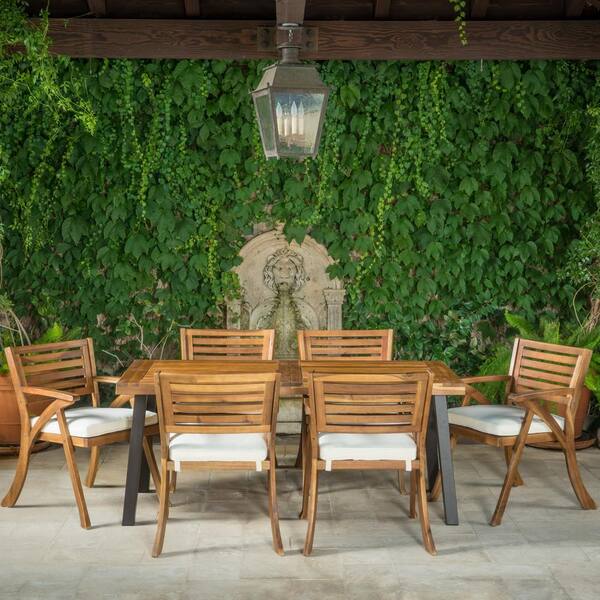 Noble House Scarlet 7-Piece Acacia Wood Rectangular Outdoor Dining Set with Cream Cushions