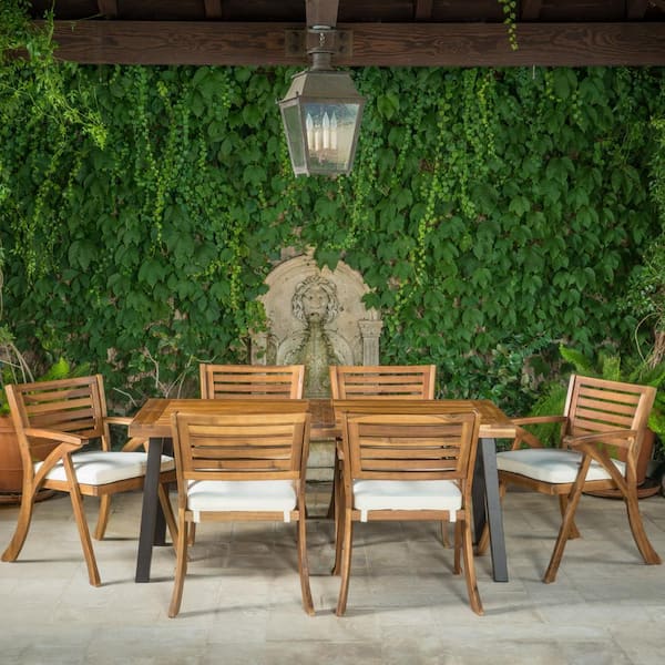 Scarlet 7-Piece Acacia Wood Rectangular  Outdoor Patio  Dining Set with Cream Cushions