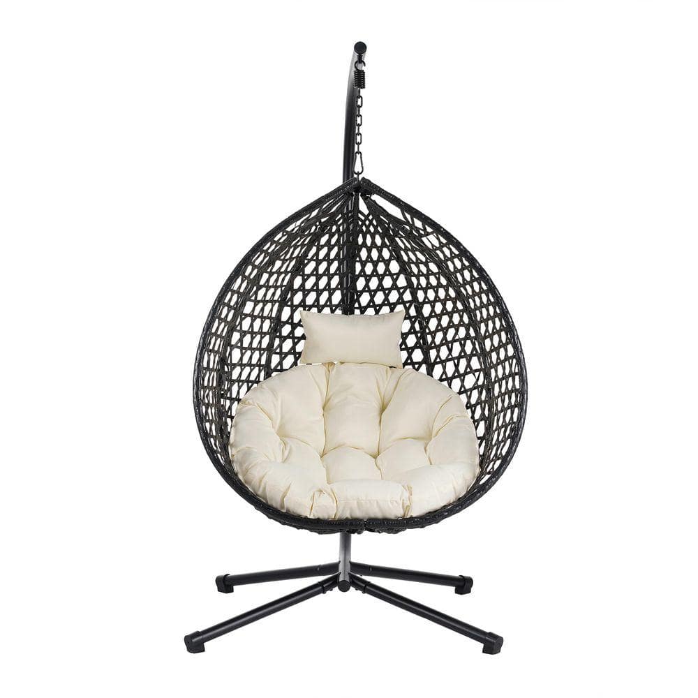 Free Standing Hanging Egg Chair with Stand, Indoor Outdoor Swing Chair with Cushion in Black Beige