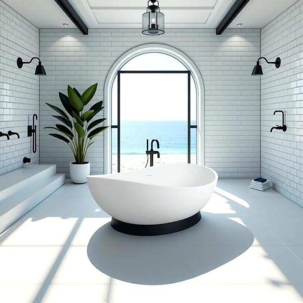 Dimakai 63 in. x 37 in. Solid Surface Freestanding Soaking Bathtub in Matte White with Center Drain and Abrasive Pads