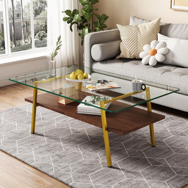 38.58 in. Modern Rectangle Tempered Clear Glass Coffee Table, Gold Metal Legs & MDF Base for Living Room