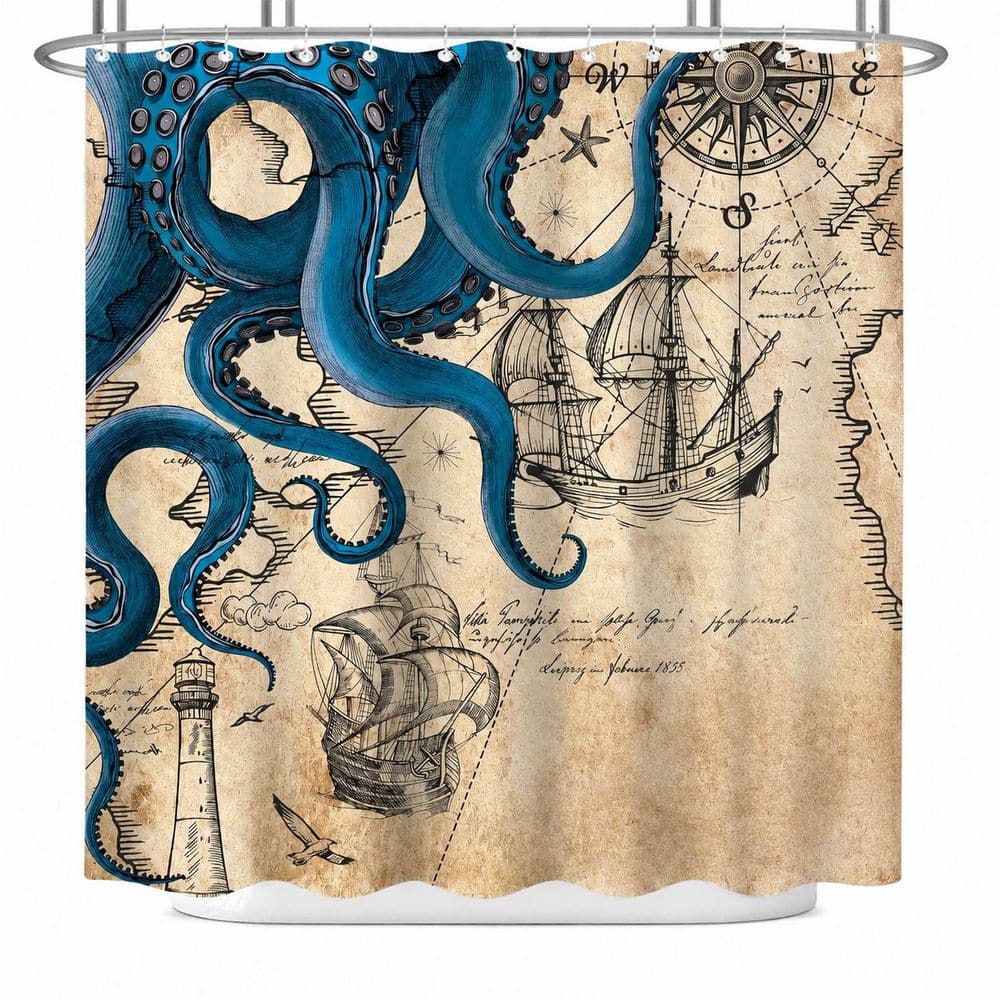 72 in. W x 72 in. L Polyester Shower Curtain in Navy Blue Nautical Octopus Mermaid Ocean Map Waterproof Fabric price history on PriceWatchPro