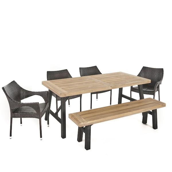 Noble House Coleman 6-Piece Wood and Faux Rattan Outdoor Patio Dining Set with Stacking Chairs and Bench