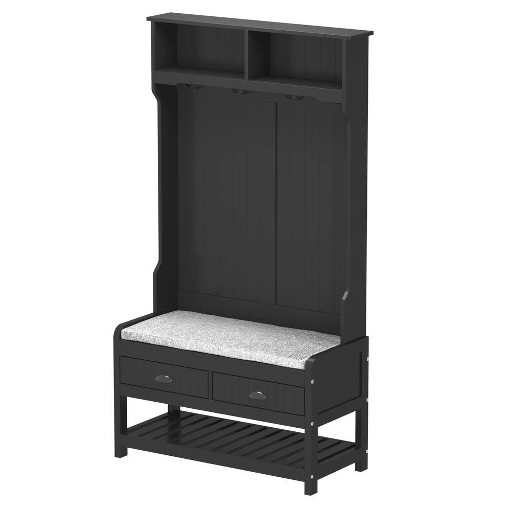 FUFU&GAGA 68.5 in. Black Wood 3in1 Hall Tree Coat Rack Storage Bench with 4Metal Double Hooks