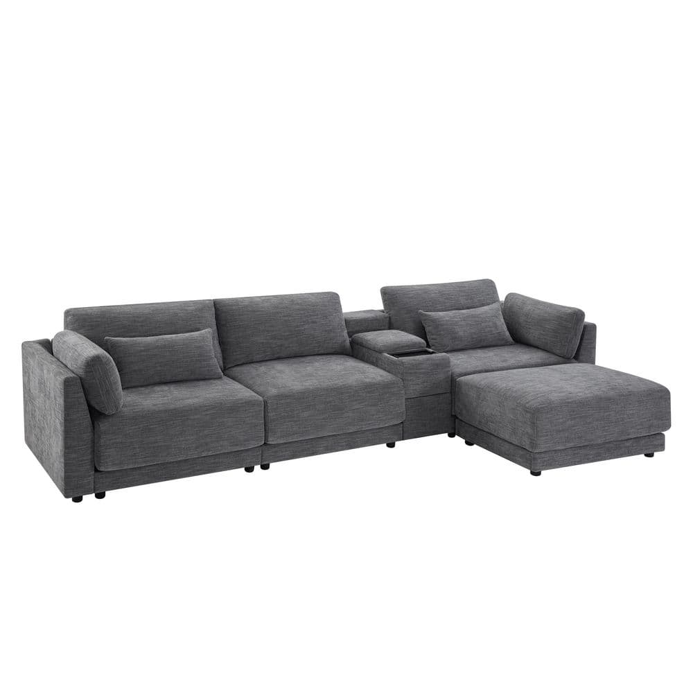 124 in. L-Shaped Chenille Sectional Sofa in Gray with Storage Console, Charger, Movable Ottoman price history on PriceWatchPro