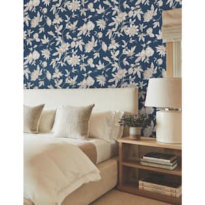 Passion Flower Toile Navy Wallpaper Roll