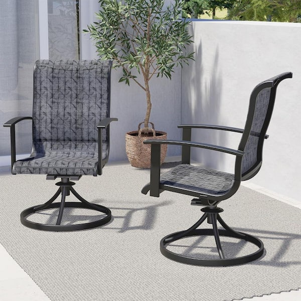 Swivel Outdoor Dining Chairs (Set of 2) Patio Sling Gentle Rocker Chairs with High Back and Arms, Black and Grey Plaid