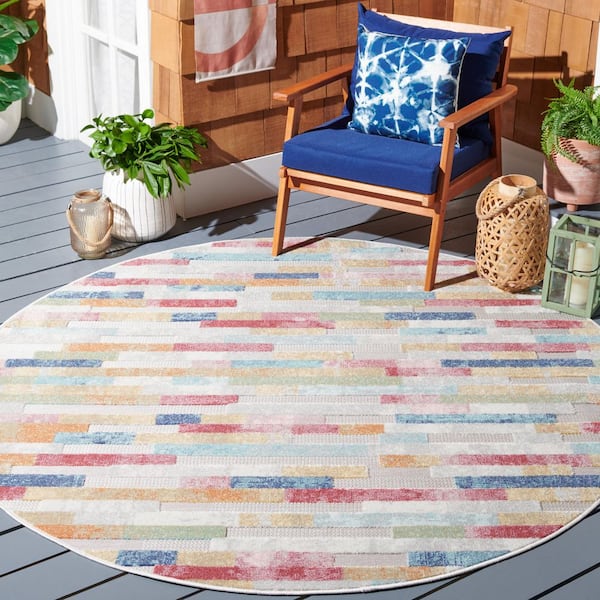 Cabana Red/Aqua/Ivory 7 ft. x 7 ft. High-Low Bricked Indoor/Outdoor Round Area Rug