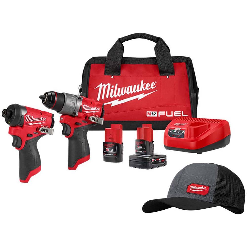 Milwaukee M12 12-Volt Cordless FUEL Brushless Hammer Drill and Impact Driver Combo Kit w/2 Batteries & Gray Adjustable Trucker Hat -  3497-22-505
