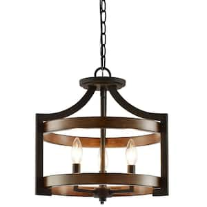 Woodrow 60-Watt 3-Light Dark Wood Style Industrial Pendant Light with Wood Style Walnut Shade, No Bulb Included