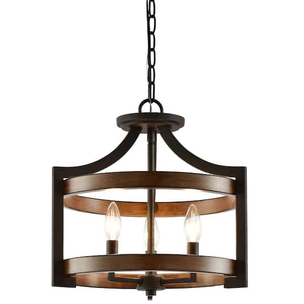 Kira Home Woodrow 60-Watt 3-Light Dark Wood Style Industrial Pendant Light with Wood Style Walnut Shade, No Bulb Included