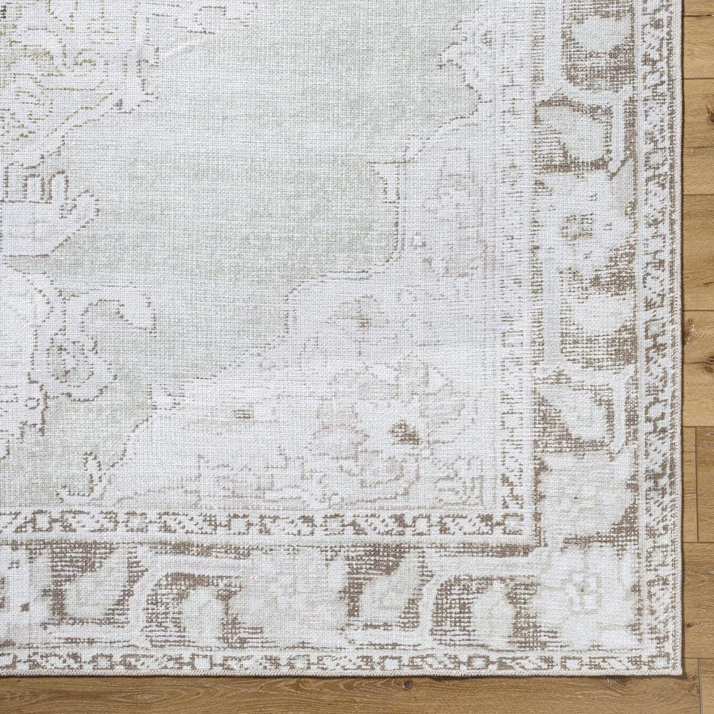 Light Gray Synthetic Medallion Washable Rectangular Area Rug