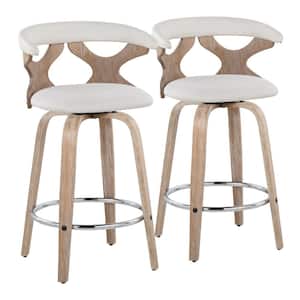 Gardenia 25.5 in. Cream Fabric, White Washed Wood and Chrome Metal Fixed-Height Counter Stool Round Footrest (Set of 2)