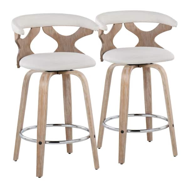 Lumisource Gardenia 25.5 in. Cream Fabric, White Washed Wood and Chrome Metal Fixed-Height Counter Stool Round Footrest (Set of 2)