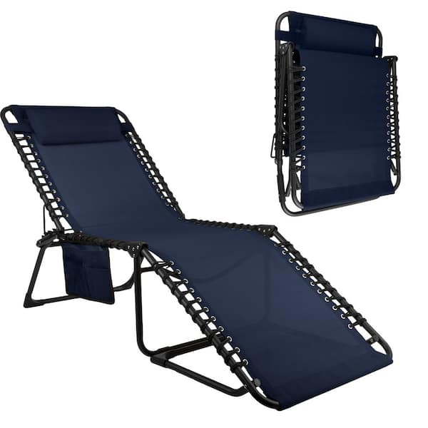 Lounge Chair Outdoor Furniture-Outdoor Textilene and Metal Folding Chaise Lounge Chair with Pocket and Pillow, Navy