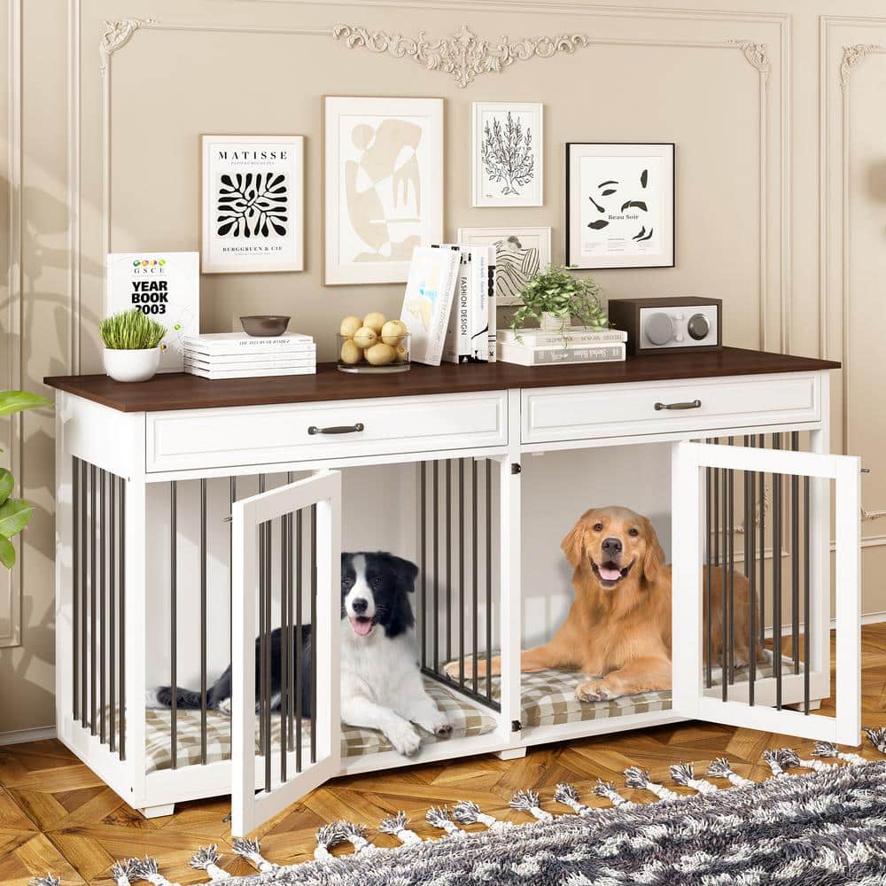 41 in. L x 24 in. W x 36 in. H Furniture Style Dog Crate w/360-Degree  Swivel & Height Adjustable Eating Rack and Dog Pad