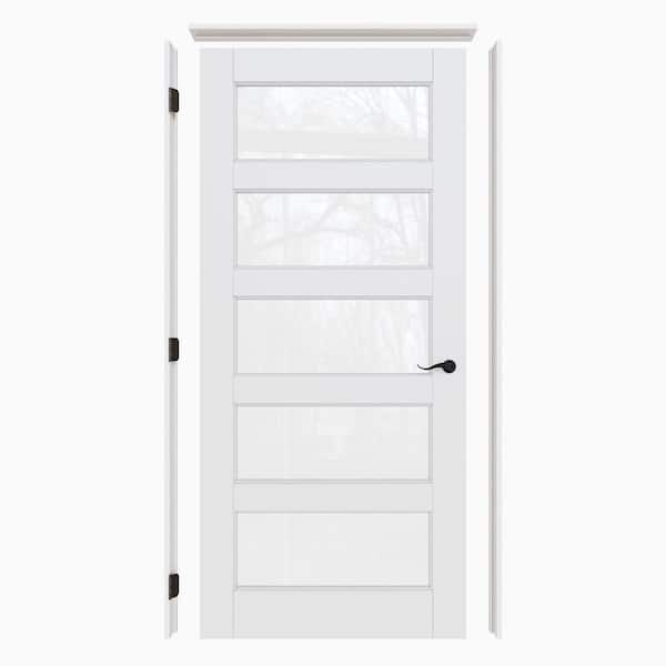 36 in. x 80 in. 5-Lite Clear Glass Right White Solid Core Wood Single Interior Door Kit with Quick Assemble Jamb