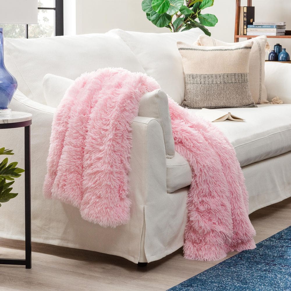 Pink Faux Fur Sherpa Fleece Reversible Throw Blanket