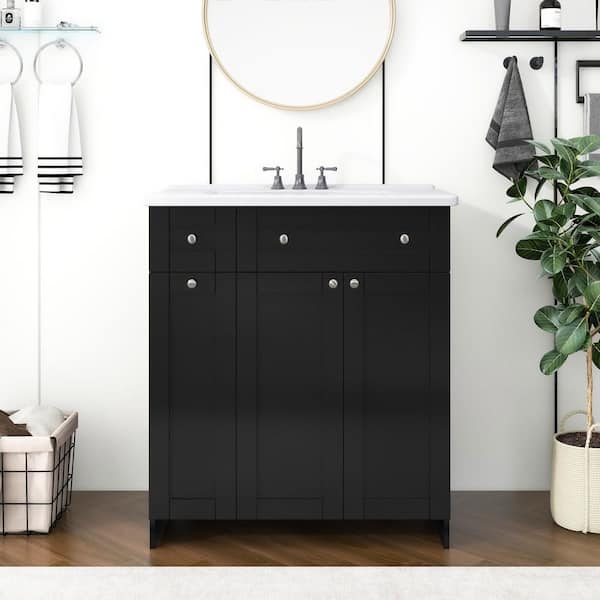 30 in. Single Sink Freestanding Black Bath Vanity with White Ceramic Top and Double-Tier Deep Drawer