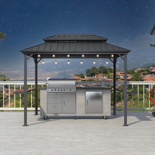 6.5 ft. x 10 ft. Hardtop Grill Gazebo for Patio Aluminum Barbecue Shelter Gazebo, Hooks,Shelves Double Tiered 24-Lights