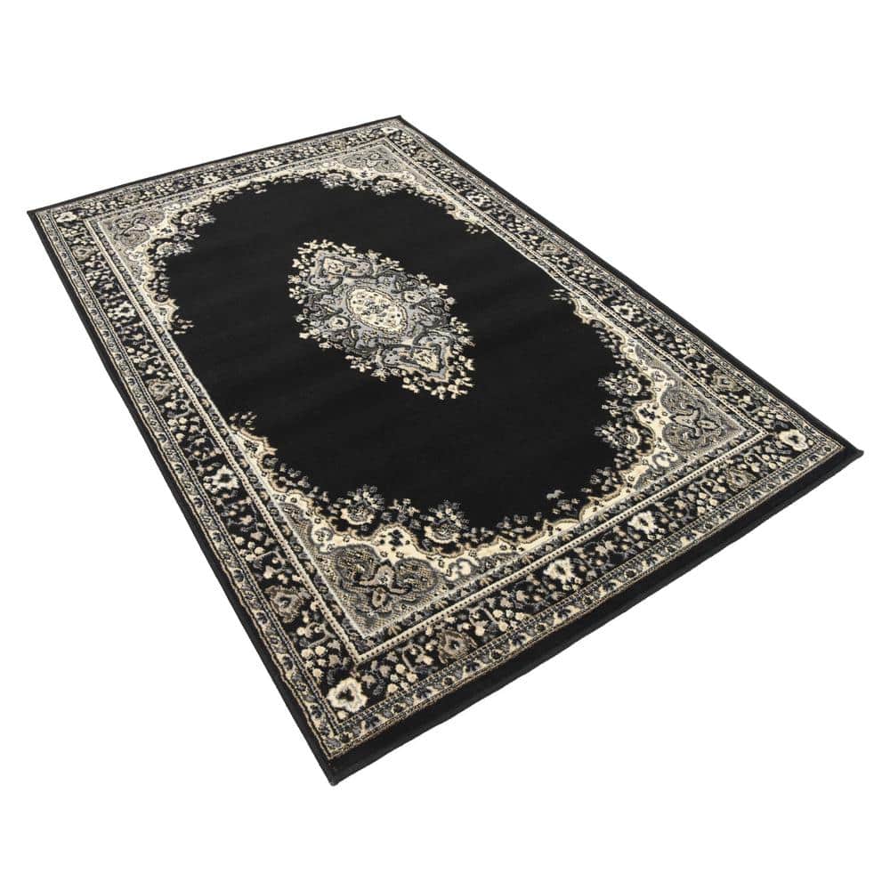 Black and Beige Medallion Synthetic 4' x 6' Area Rug