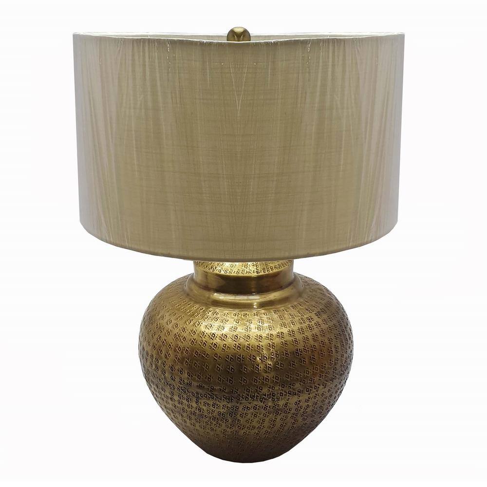 A&B Home Matki Table Lamp with Dimple Pattern and Drum Fabric Shade - Antique Brass Finish - Beige Shade
