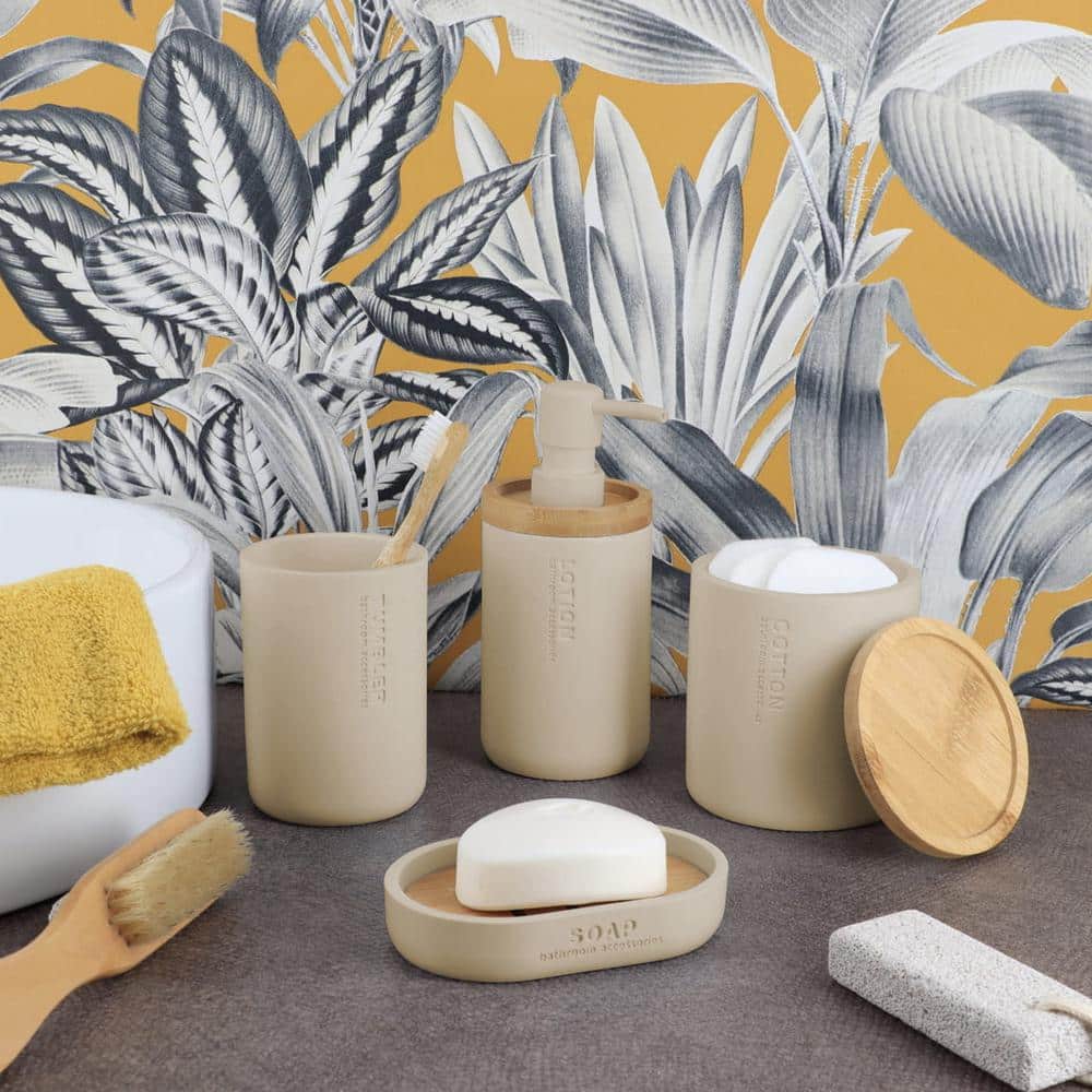 Beige Polyresin Soap Dish with Natural Bamboo Base