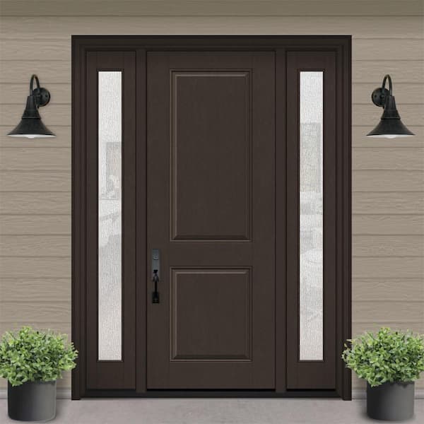 Regency 64 in. x 96 in. 2P Squaretop RHIS Hickory Stain Mahogany Fiberglass Prehung Front Door with Rain12in. SLs 4-9/16