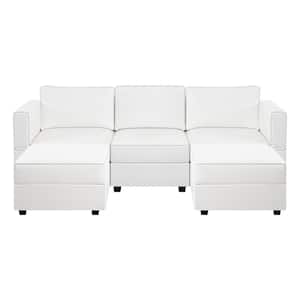 87.01 in. W Faux Leather Sofa with Double Ottoman Streamlined Comfort for Your Sectional Sofa in White