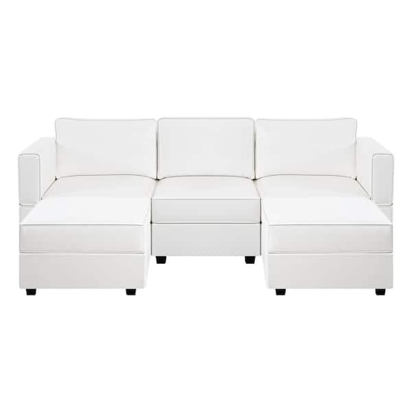 HOMESTOCK 87.01 in. W Faux Leather Sofa with Double Ottoman Streamlined Comfort for Your Sectional Sofa in White