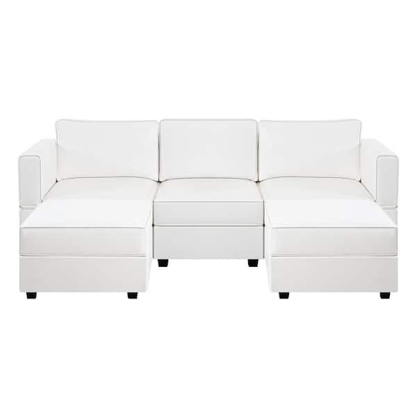 MAYKOOSH 87.01 in. W White Faux Leather 1 Piece Sectional Sofa with Storage and Double Ottoman 3-Seater Living Room Suite