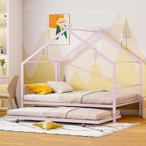 Harper & Bright Designs Pink Twin Size Metal House Bed Platform Bed with Twin Size Trundle