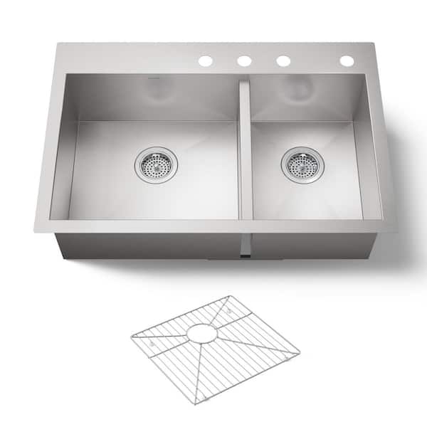 Vault Drop-In Stainless Steel 33 in. 4-Hole Offset Double Bowl Kitchen Sink Kit with Basin Rack