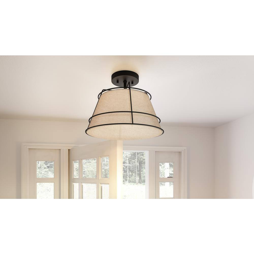 Matte Black and Linen Drum Semi-Flush Mount Light
