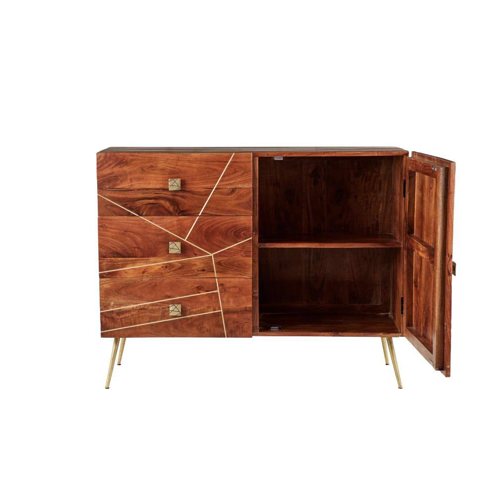 Brown and Gold Metal Wood Buffet with 3 Drawers and 2 Doors