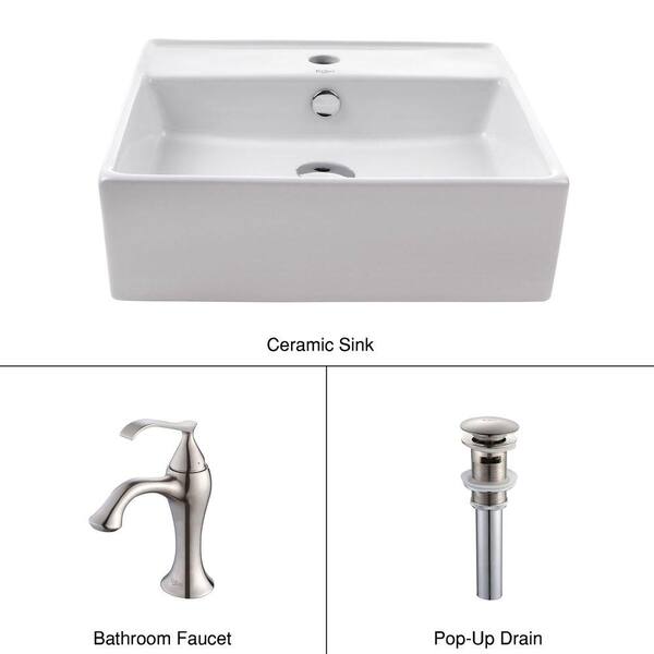 KRAUS Square Ceramic Vessel Sink in White with Ventus Basin Faucet in Brushed Nickel