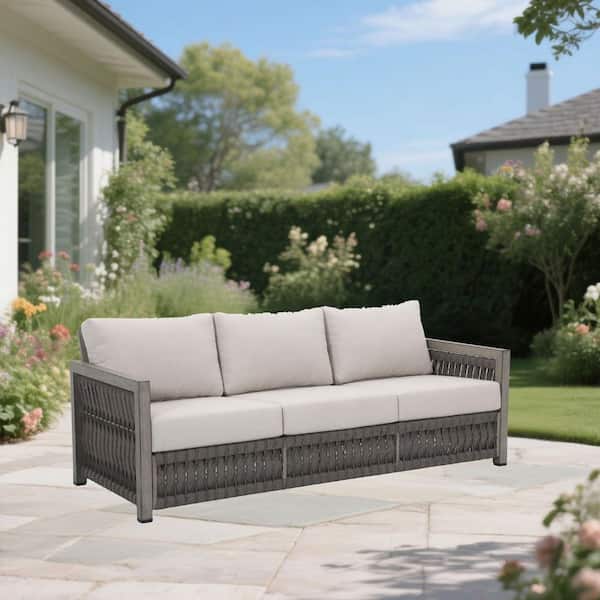 Brown Aluminum Outdoor Sectional with Beige Cushions