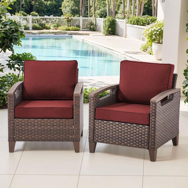 Pocassy Light Luxury Series Brown Wicker Outdoor Patio Lounge Chair with CushionGuard Red Cushions (2-Pack)