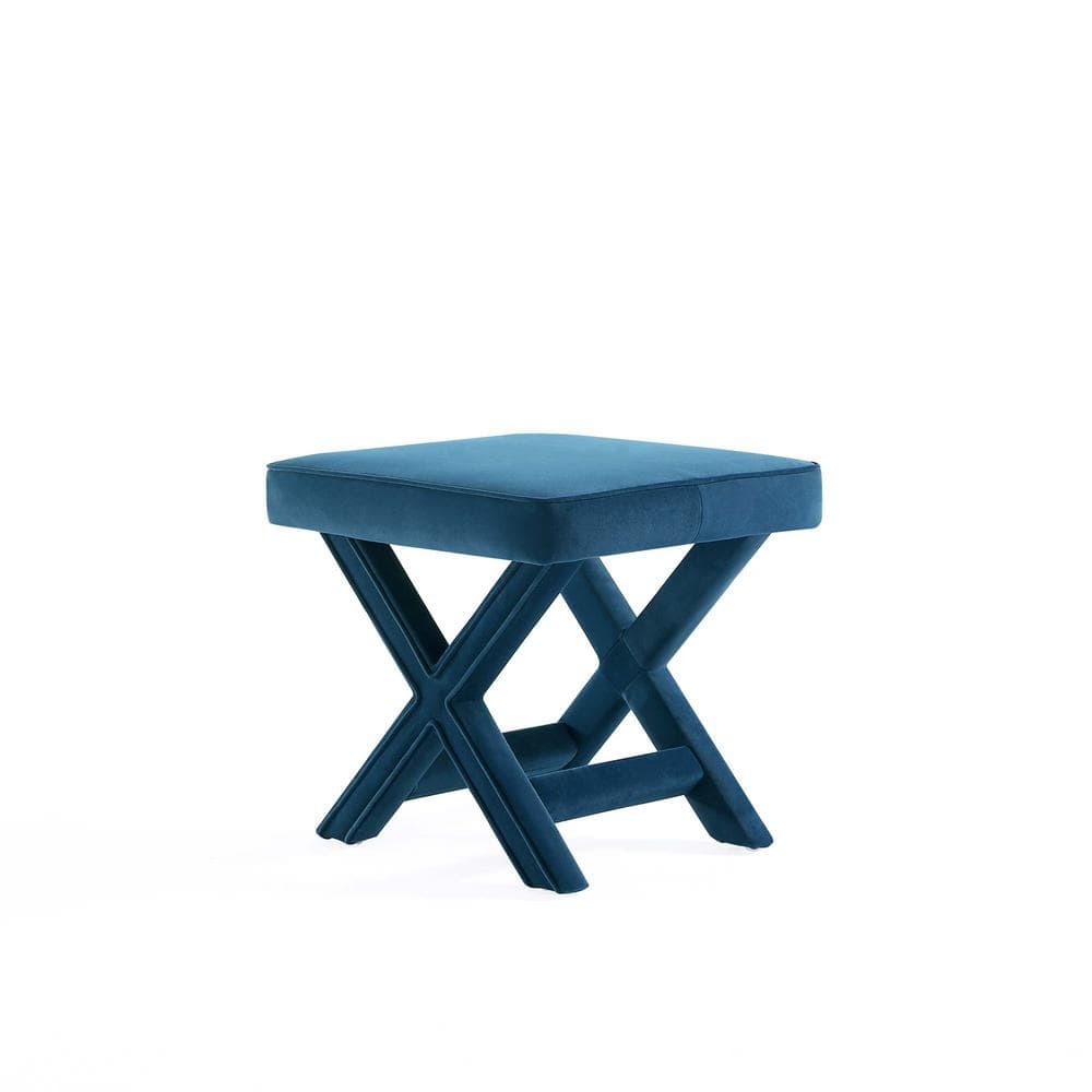 Abigail Blue Velvet Upholstered X-Base Ottoman