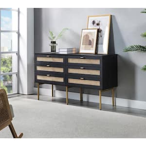 Datang Black 6-Drawer 54 in. W Double Dresser with Metal Legs