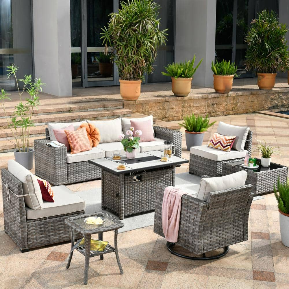 HOOOWOOO Tahoe Grey 9-Piece Wicker Outdoor Patio Rectangle Fire Pit ...